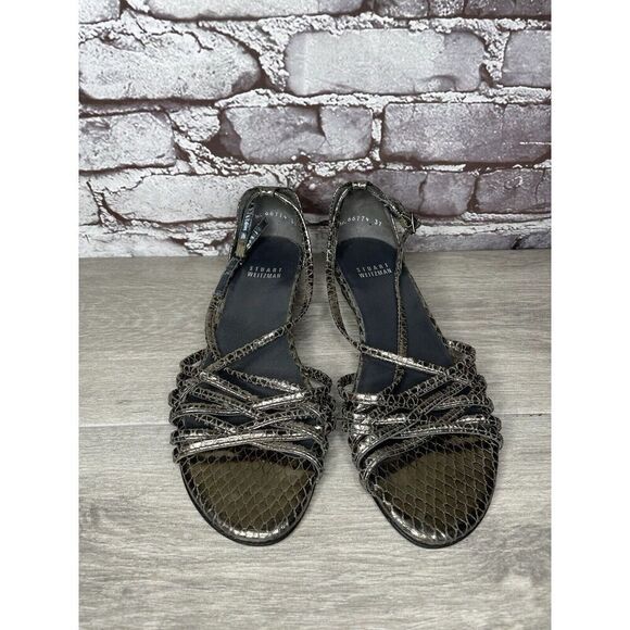 Stuart Weitzman Pewter Silver Snake Print Wedge Strap Sandals Women Sz 37EU/6.5M - Picture 2 of 16